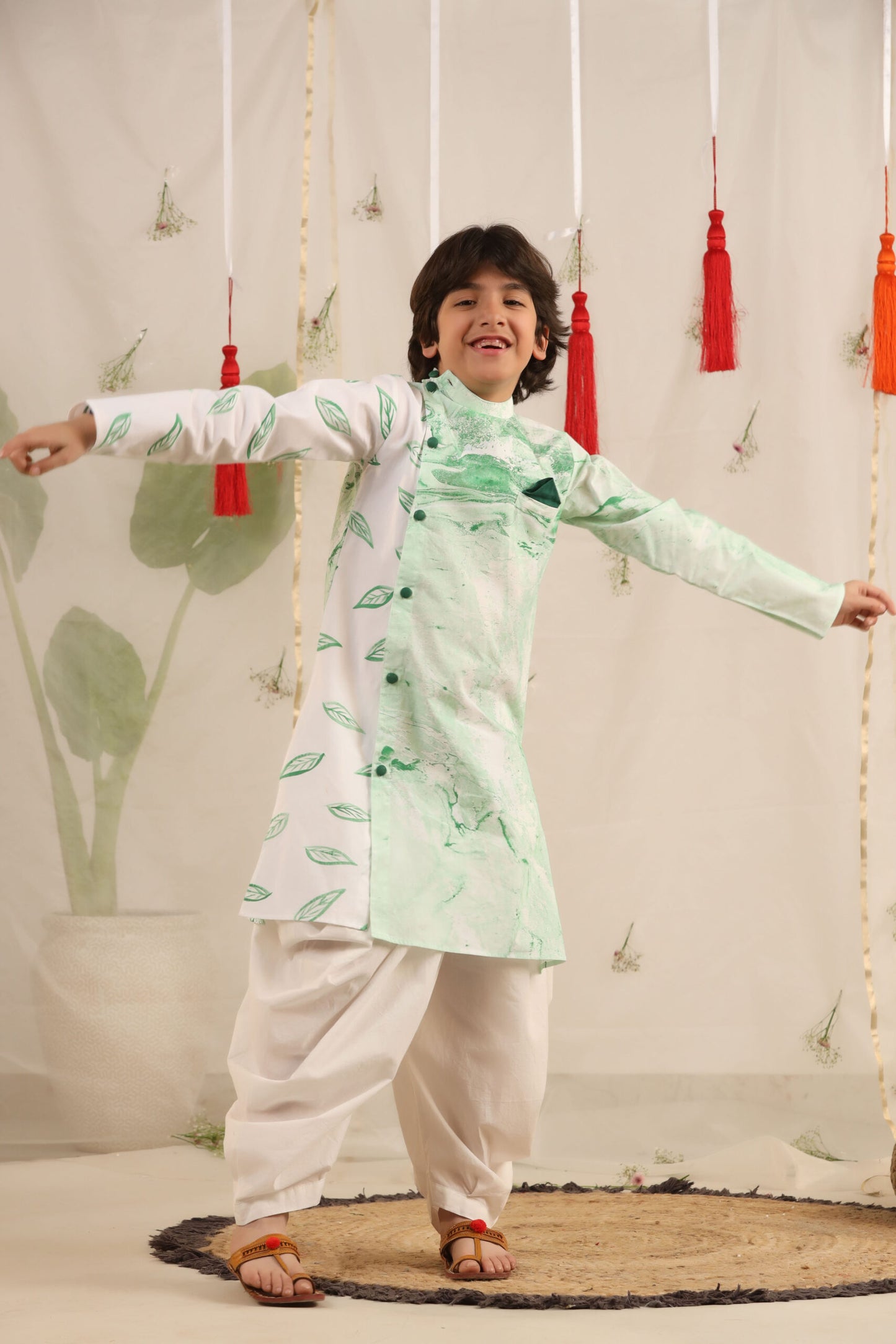 Boy Kurta Balloon Pant Set -Green