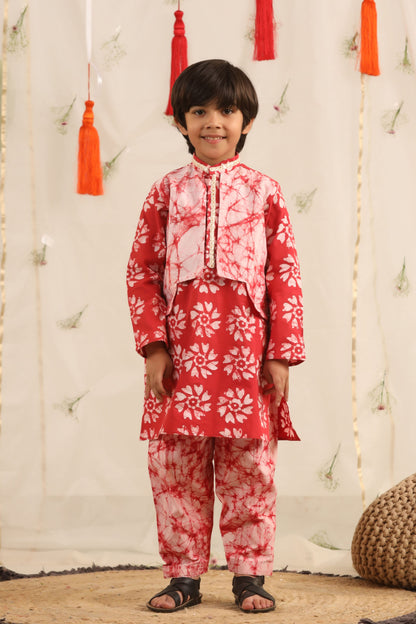 Boy Batik Print Kurta and Salwar Set - Red