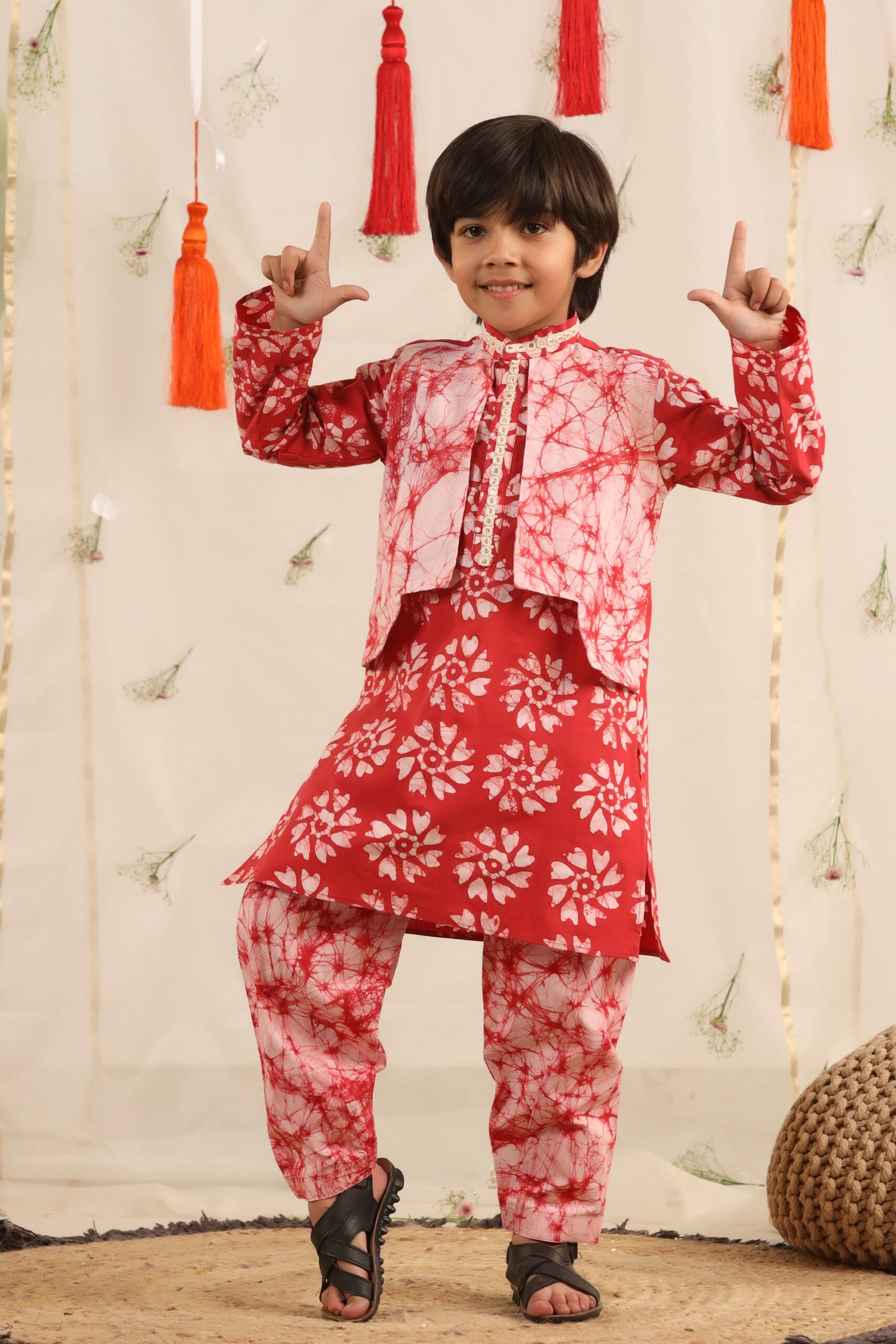 Boy Batik Print Kurta and Salwar Set - Red