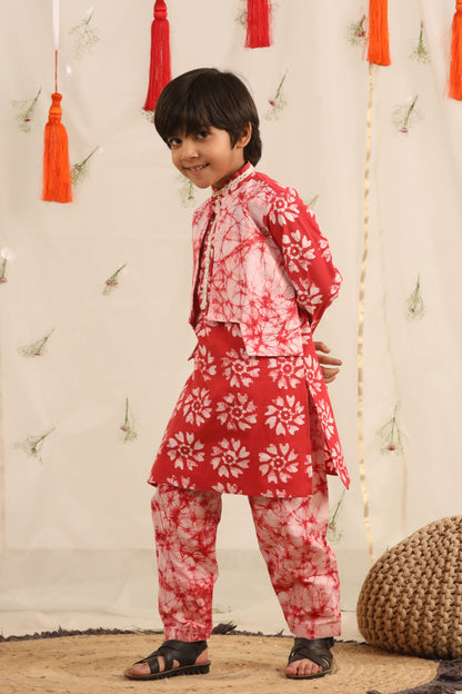 Boy Batik Print Kurta and Salwar Set - Red