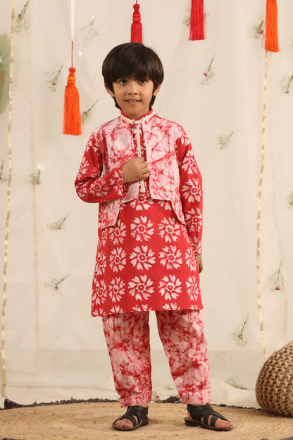 Boy Batik Print Kurta and Salwar Set - Red