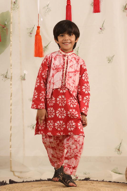 Boy Batik Print Kurta and Salwar Set - Red