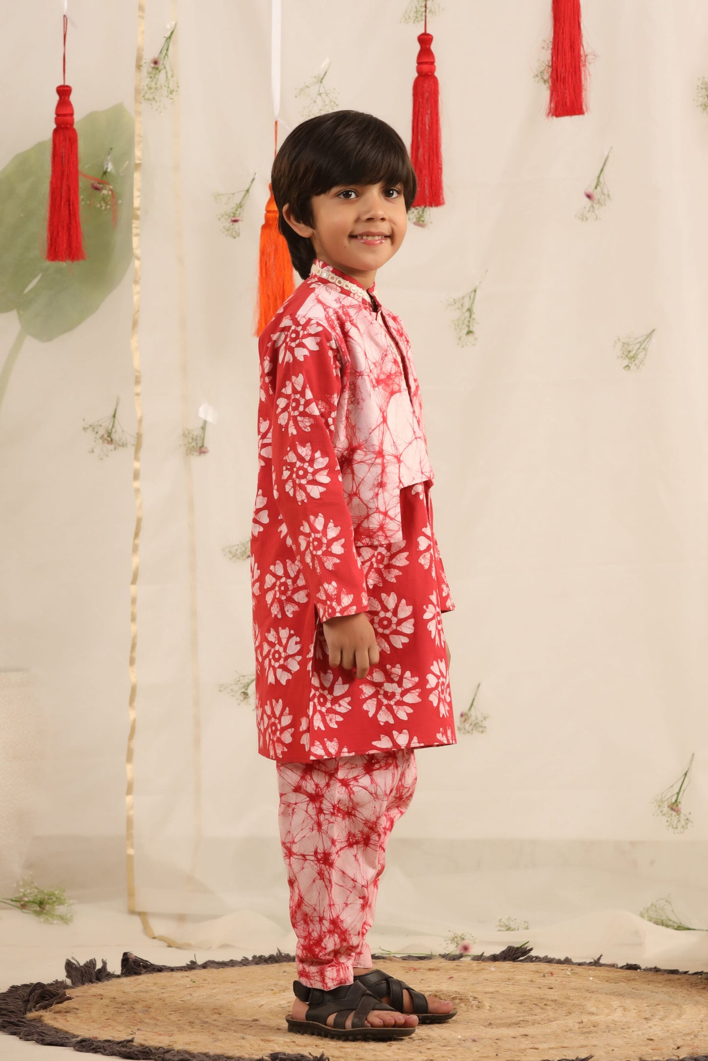 Boy Batik Print Kurta and Salwar Set - Red