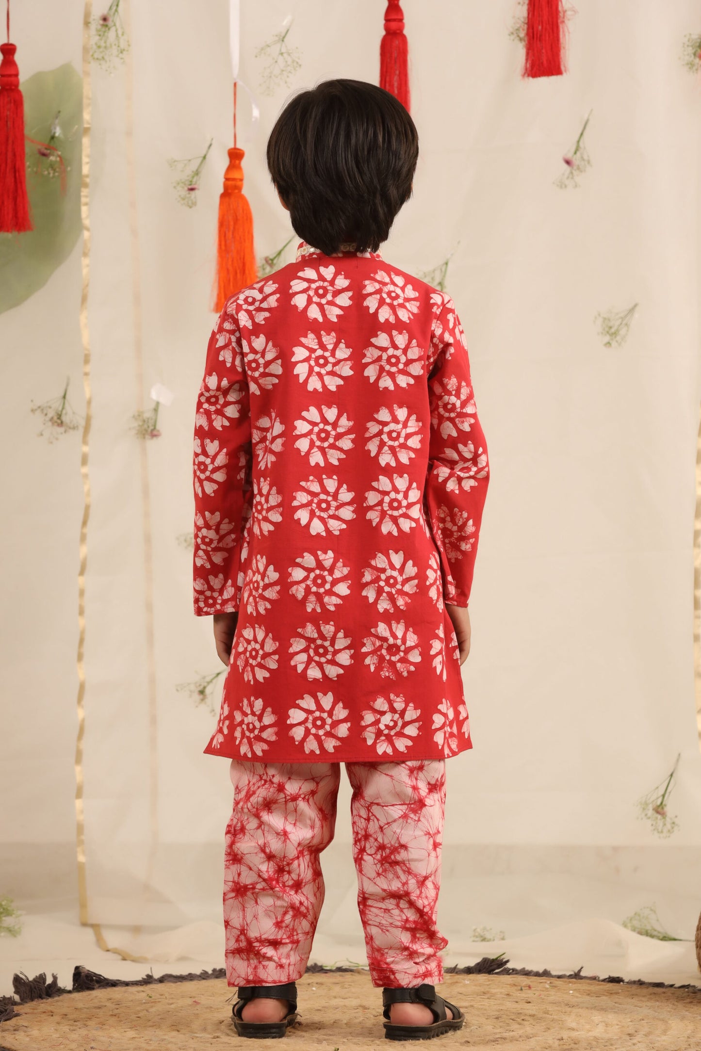 Boy Batik Print Kurta and Salwar Set - Red