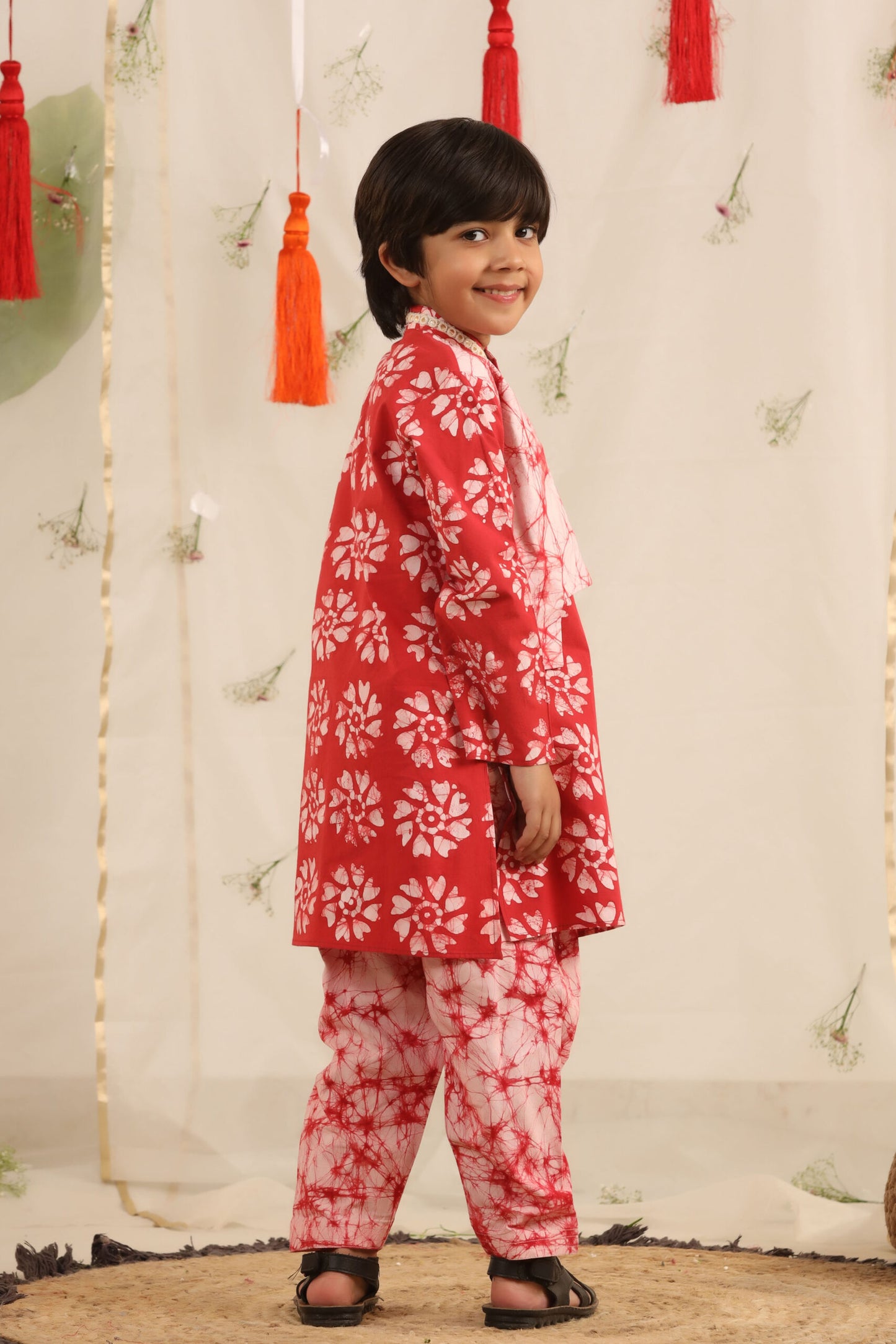 Boy Batik Print Kurta and Salwar Set - Red