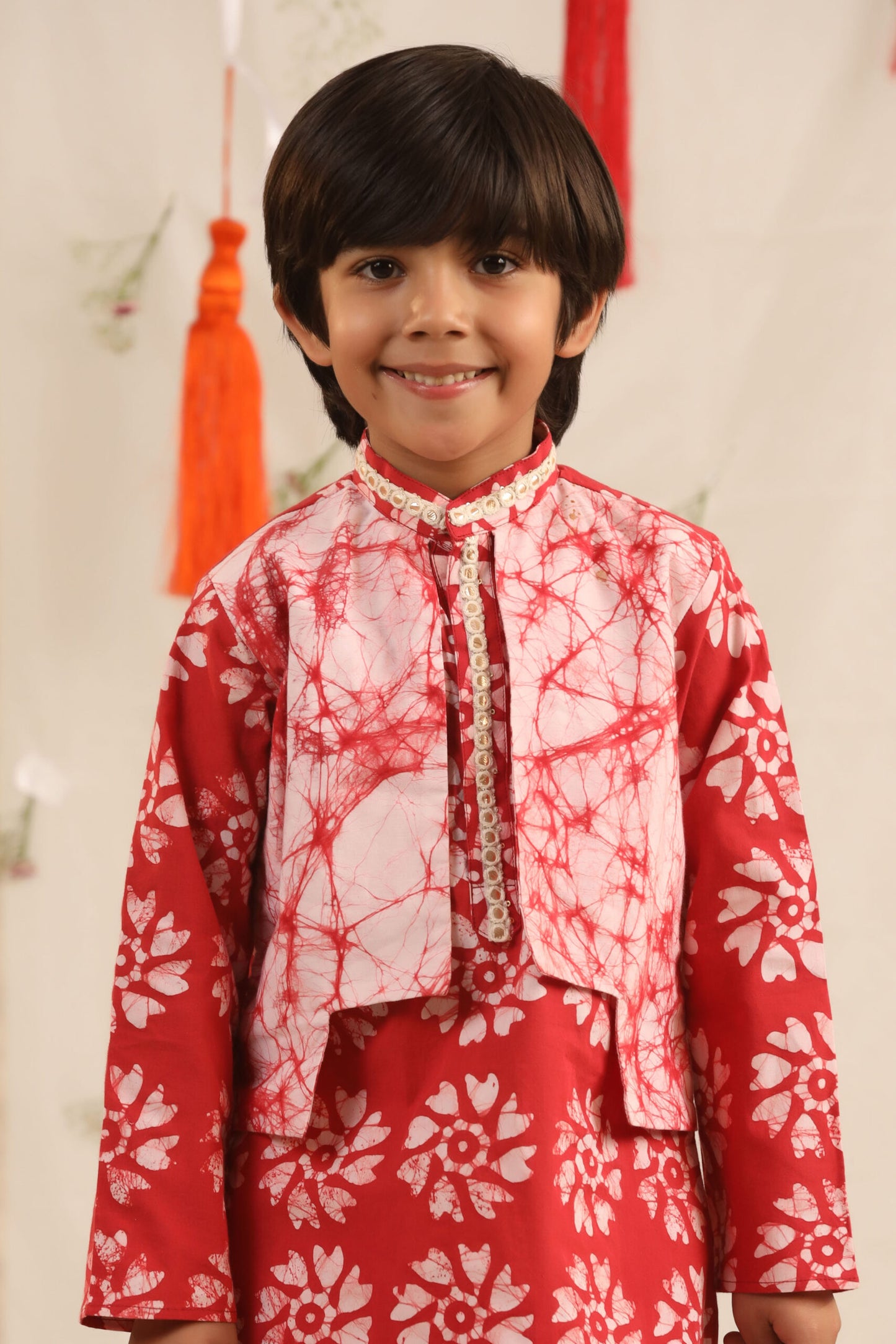 Boy Batik Print Kurta and Salwar Set - Red