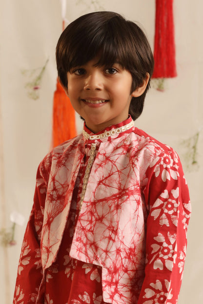 Boy Batik Print Kurta and Salwar Set - Red