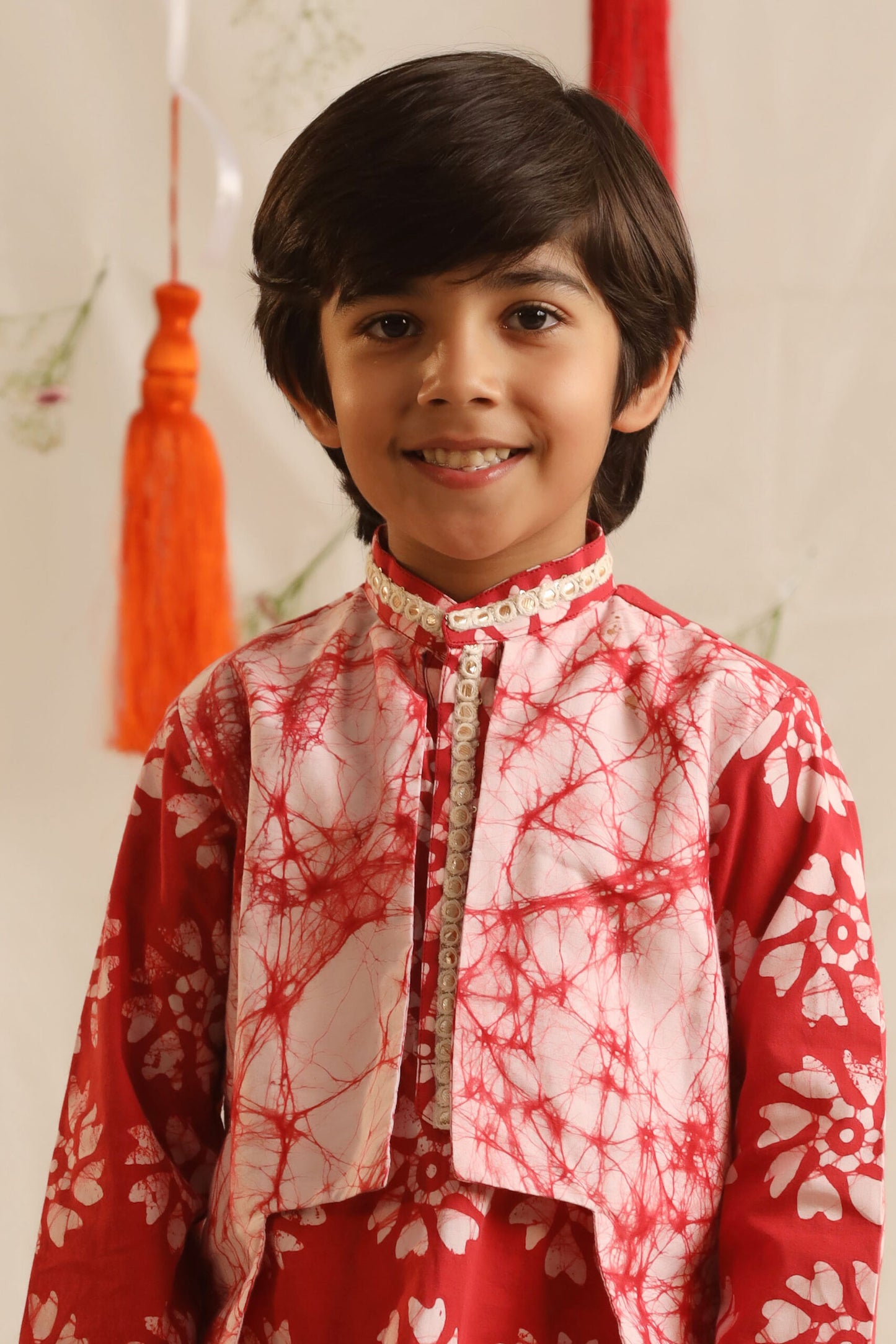 Boy Batik Print Kurta and Salwar Set - Red