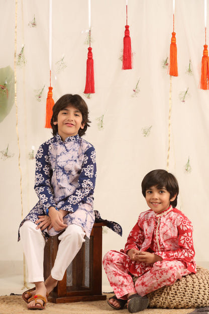 Boy Batik Print Kurta and Salwar Set - Red