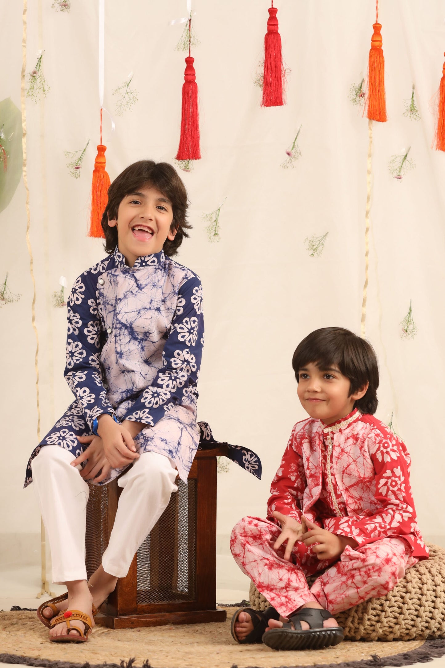 Boy Batik Print Kurta and Salwar Set - Red