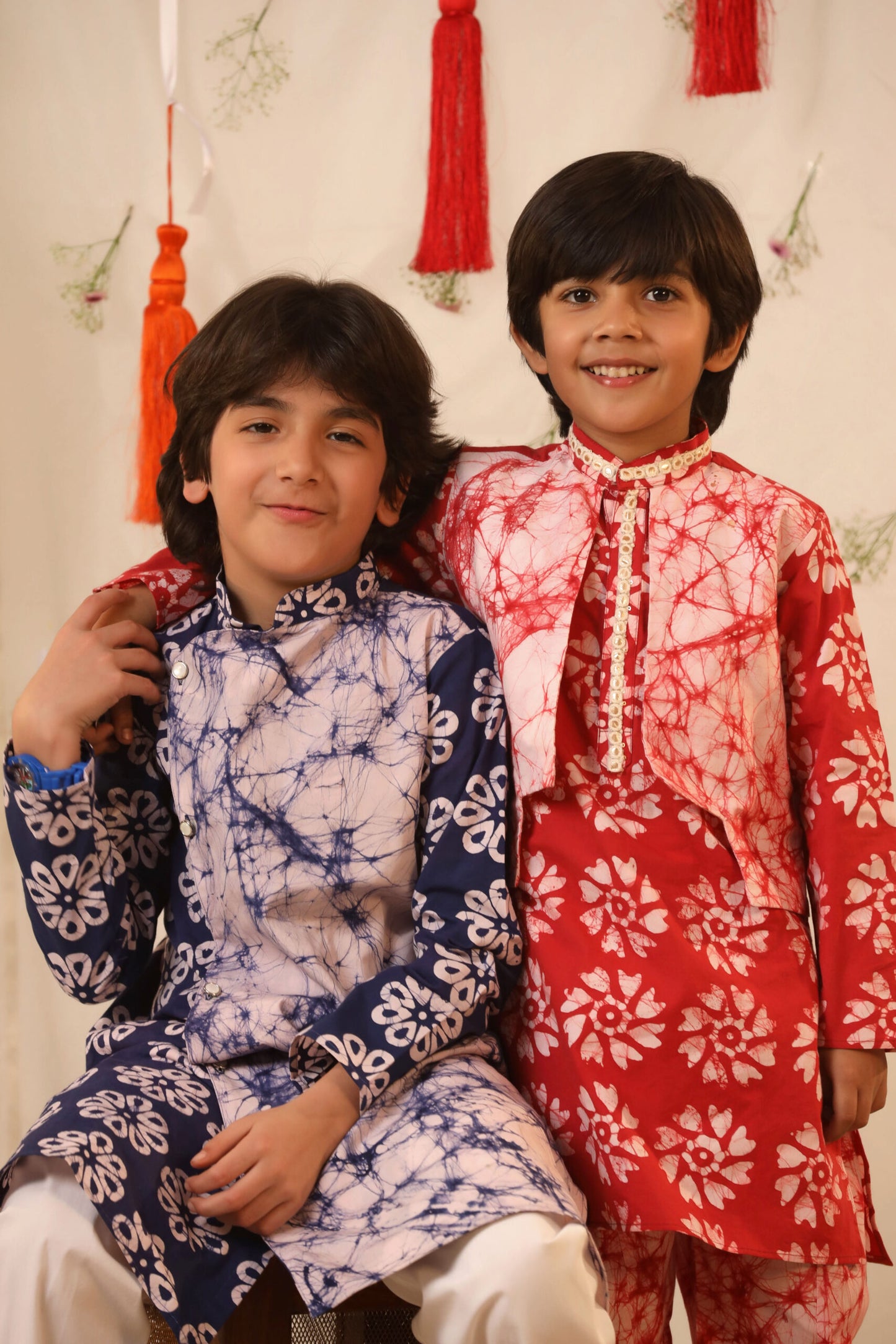 Boy Batik Print Kurta and Salwar Set - Red