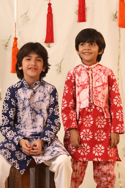 Boy Batik Print Kurta and Salwar Set - Red