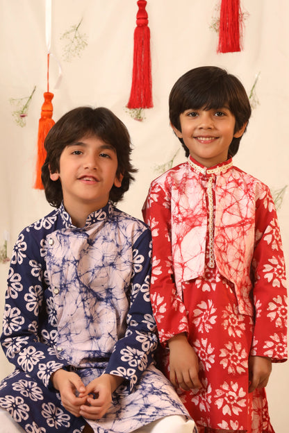 Boy Batik Print Kurta and Salwar Set - Red