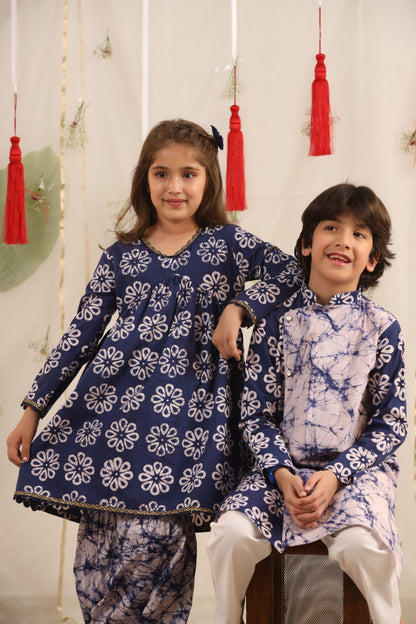 Girl Batik Print Sharara Set - Blue