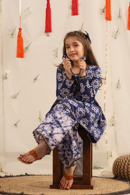 Girl Batik Print Sharara Set - Blue