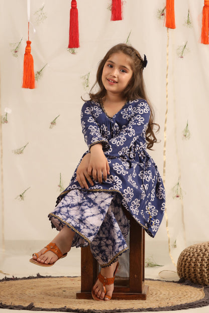 Girl Batik Print Sharara Set - Blue