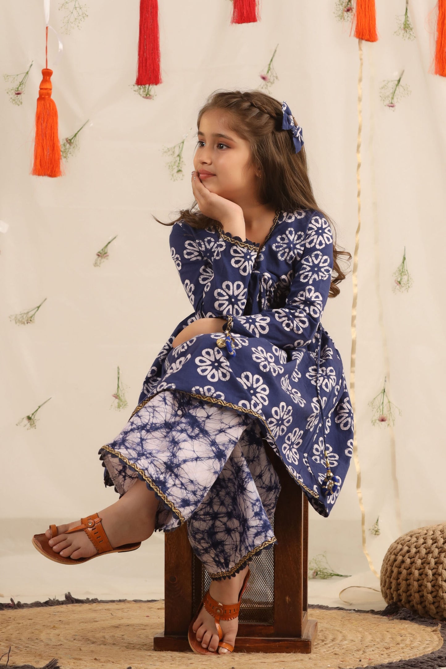 Girl Batik Print Sharara Set - Blue