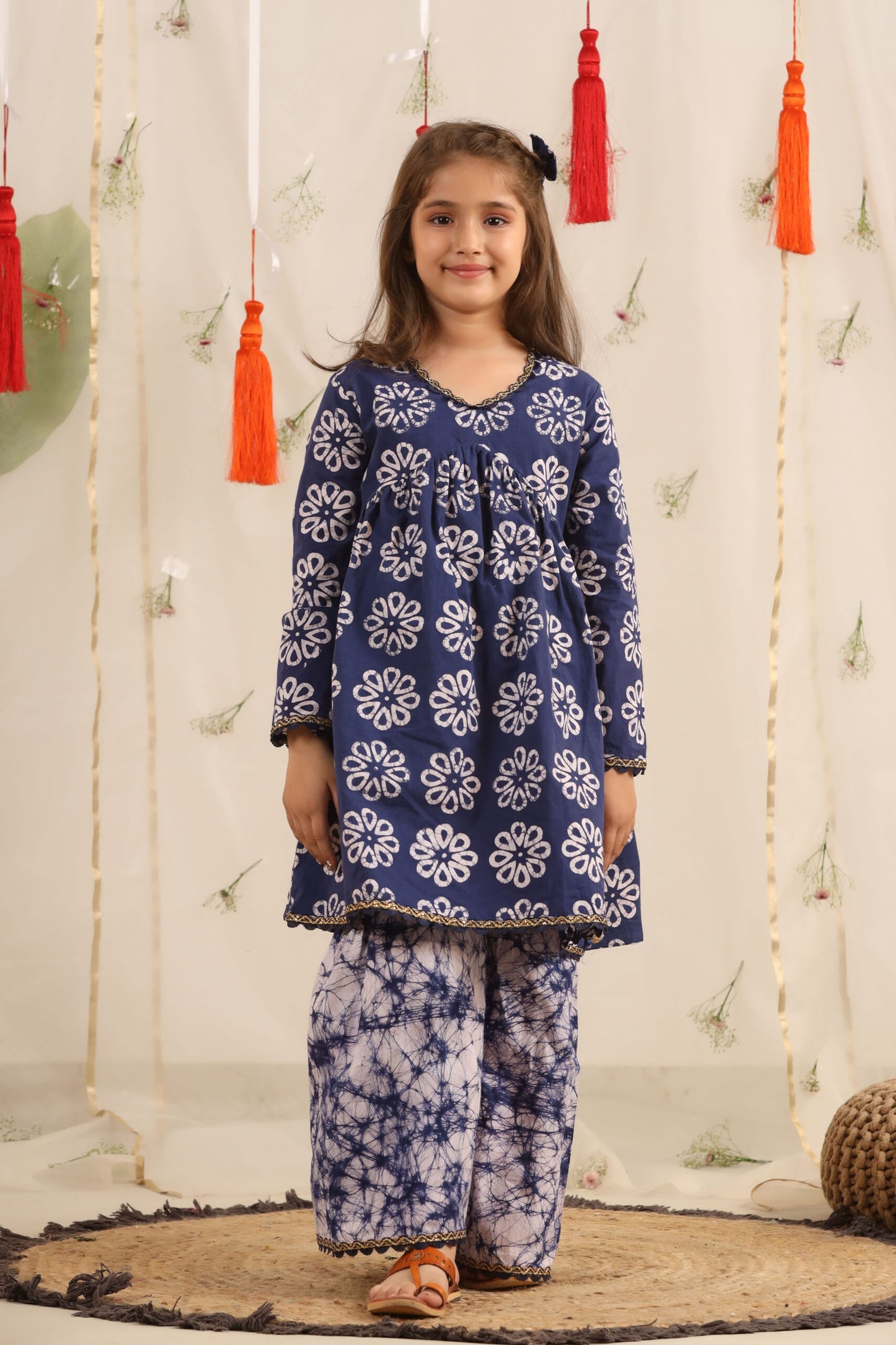 Girl Batik Print Sharara Set - Blue