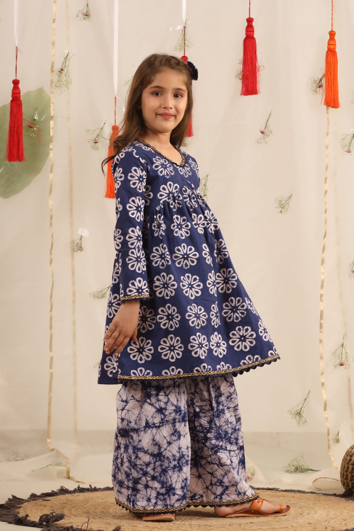 Girl Batik Print Sharara Set - Blue