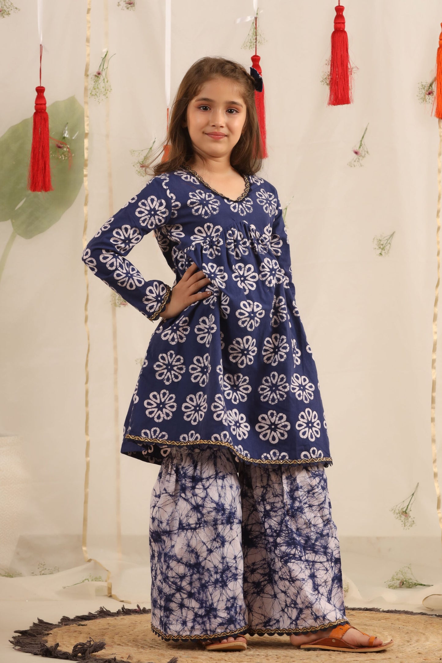 Girl Batik Print Sharara Set - Blue