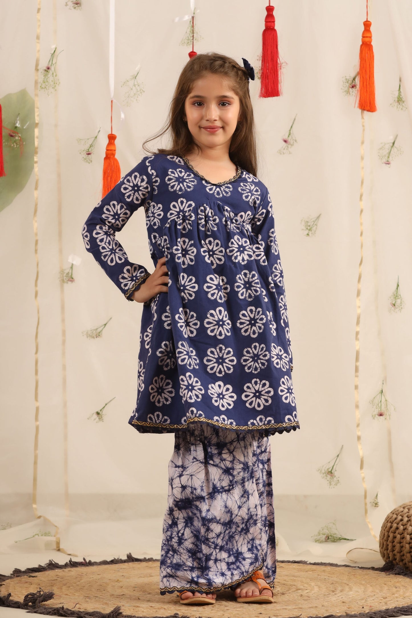 Girl Batik Print Sharara Set - Blue