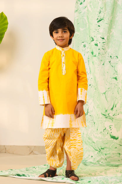 Boy Shibori Print Dhoti Kurta Set-Yellow