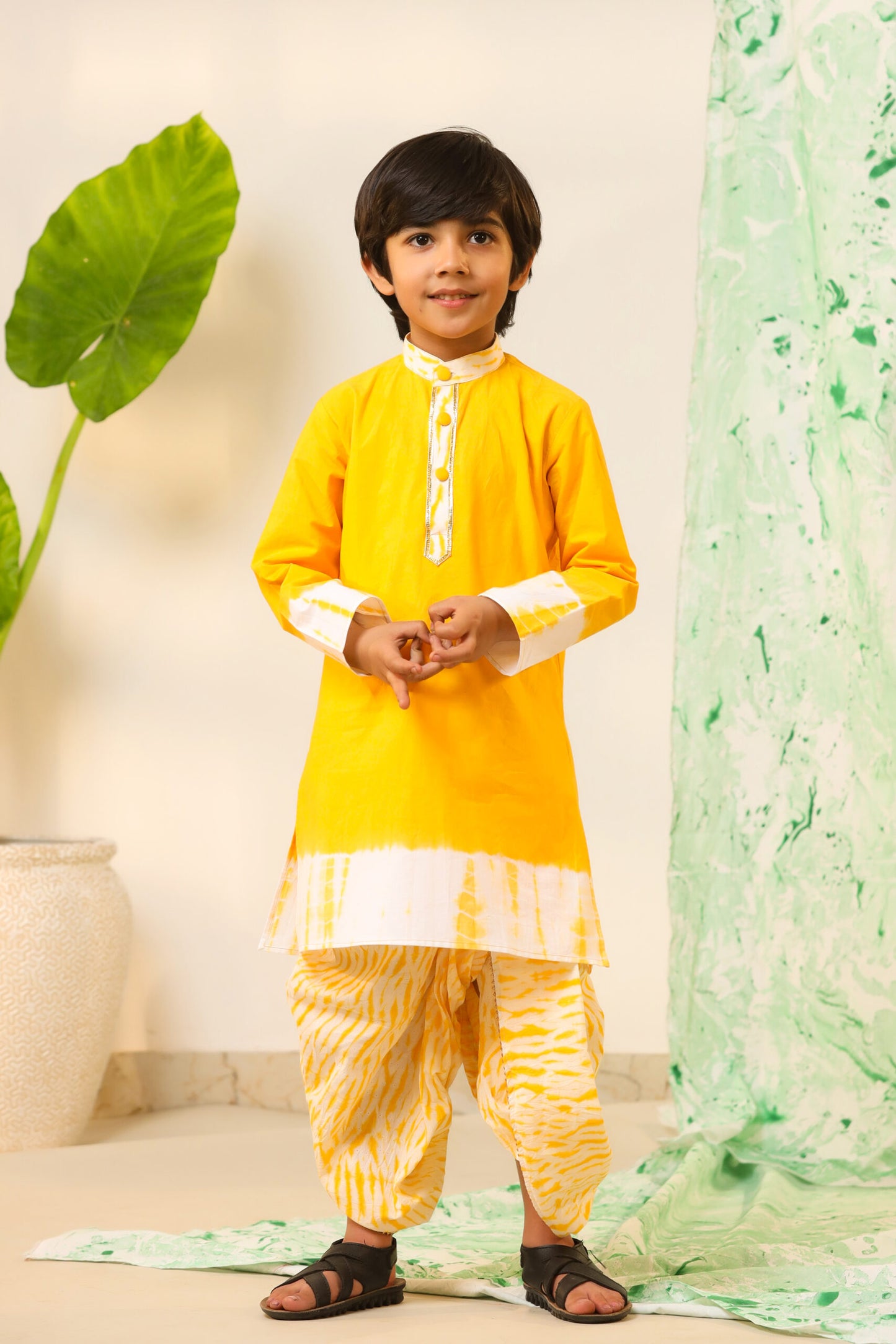 Boy Shibori Print Dhoti Kurta Set-Yellow