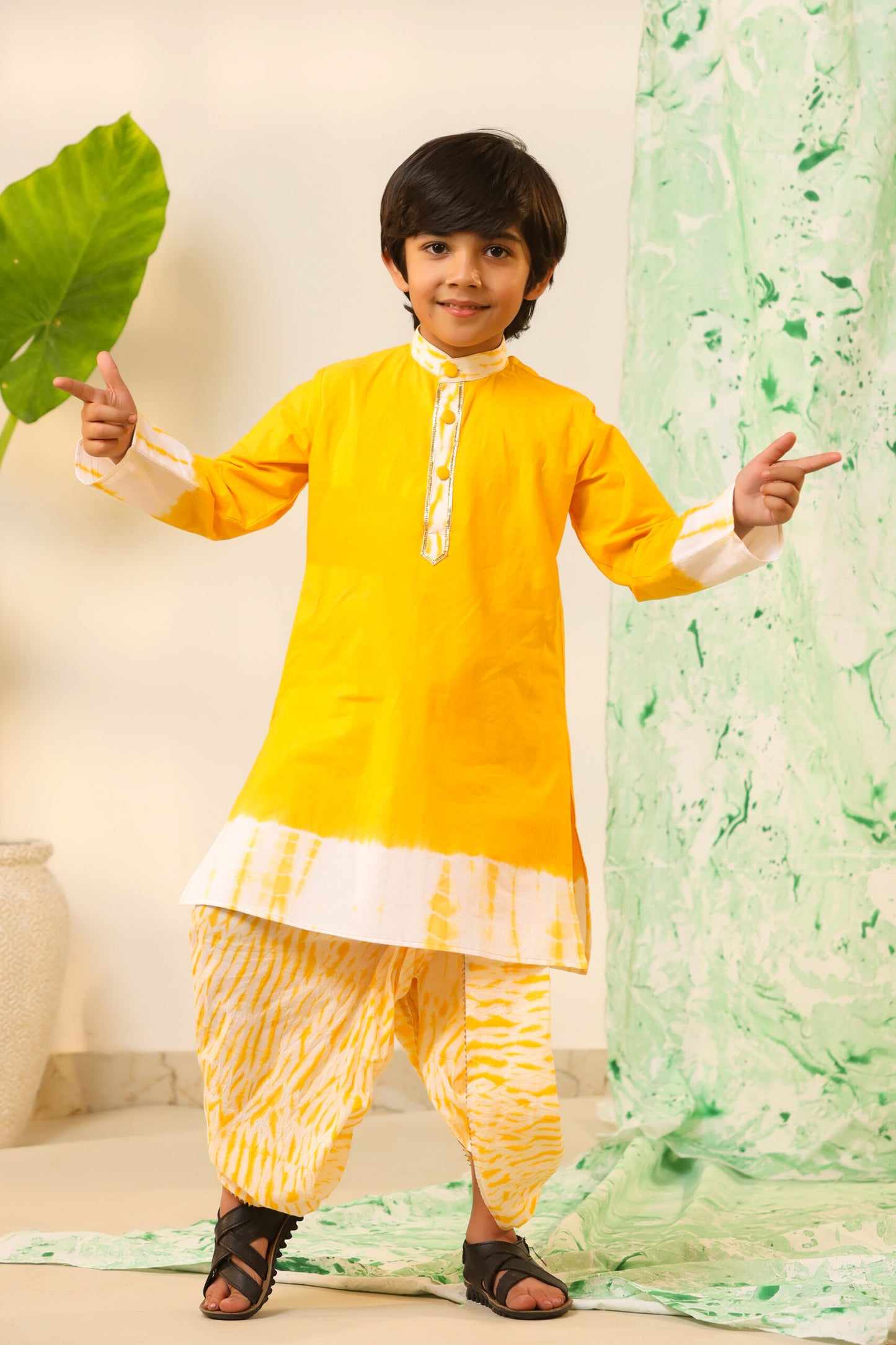 Boy Shibori Print Dhoti Kurta Set-Yellow