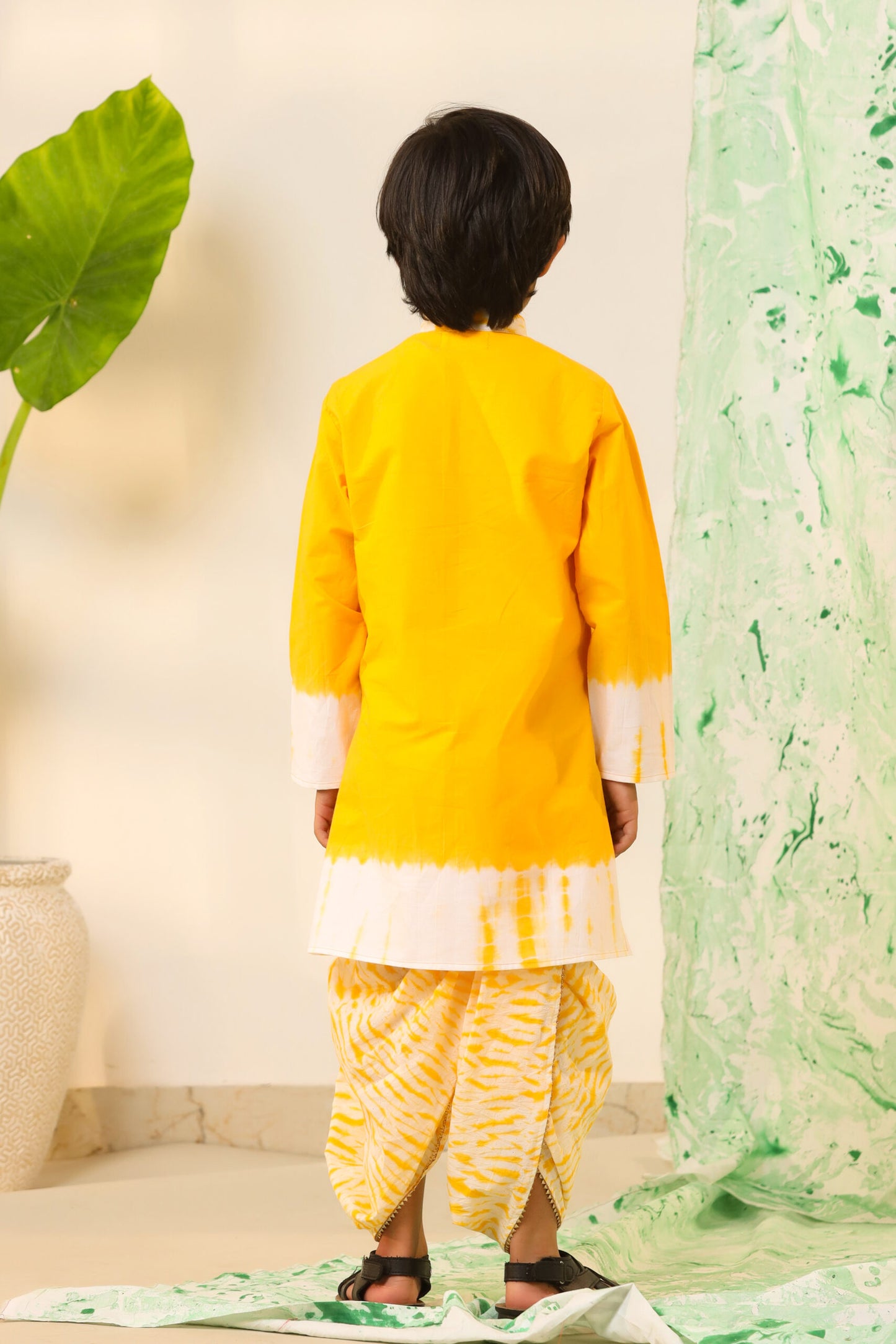 Boy Shibori Print Dhoti Kurta Set-Yellow