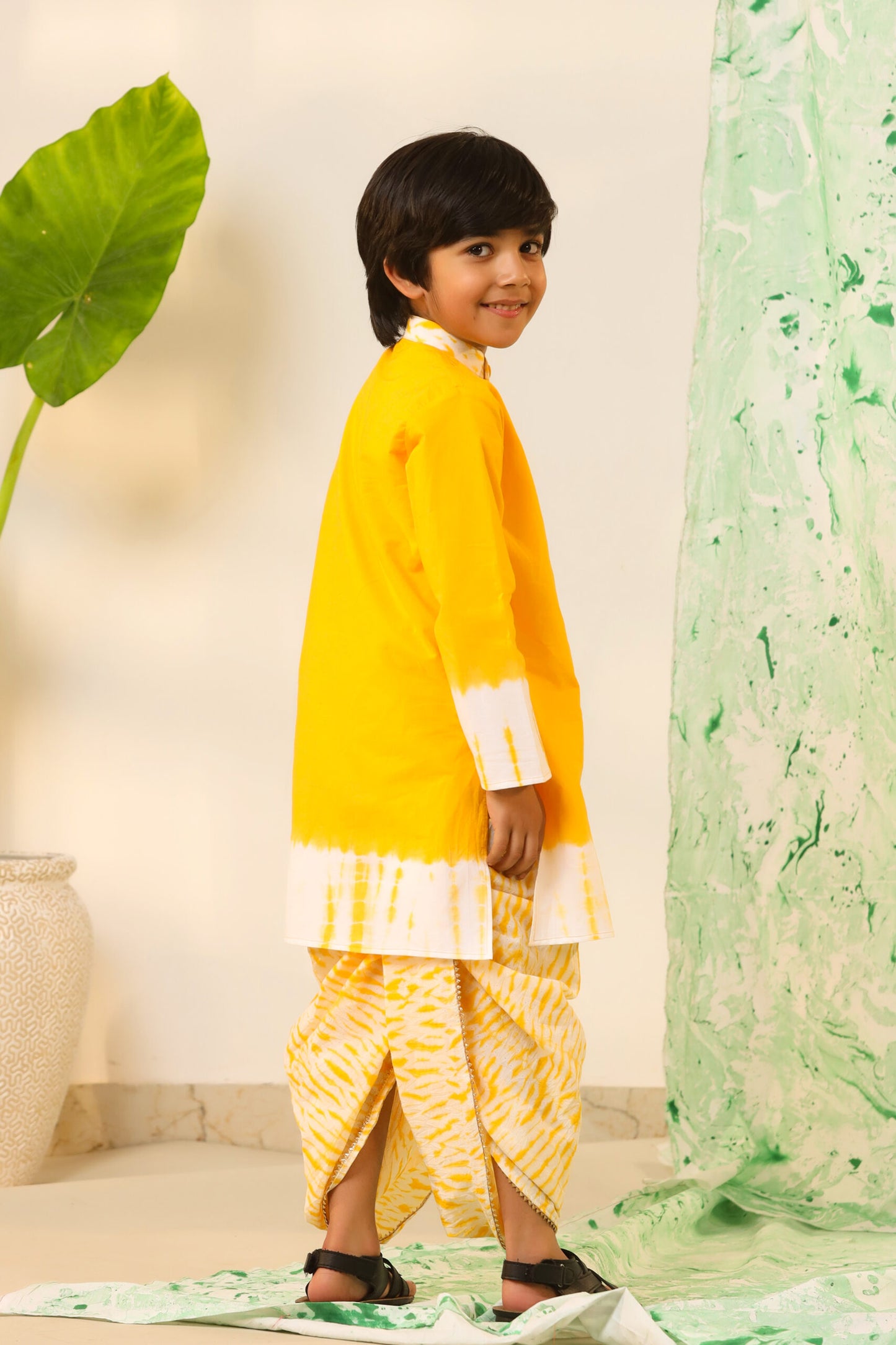 Boy Shibori Print Dhoti Kurta Set-Yellow