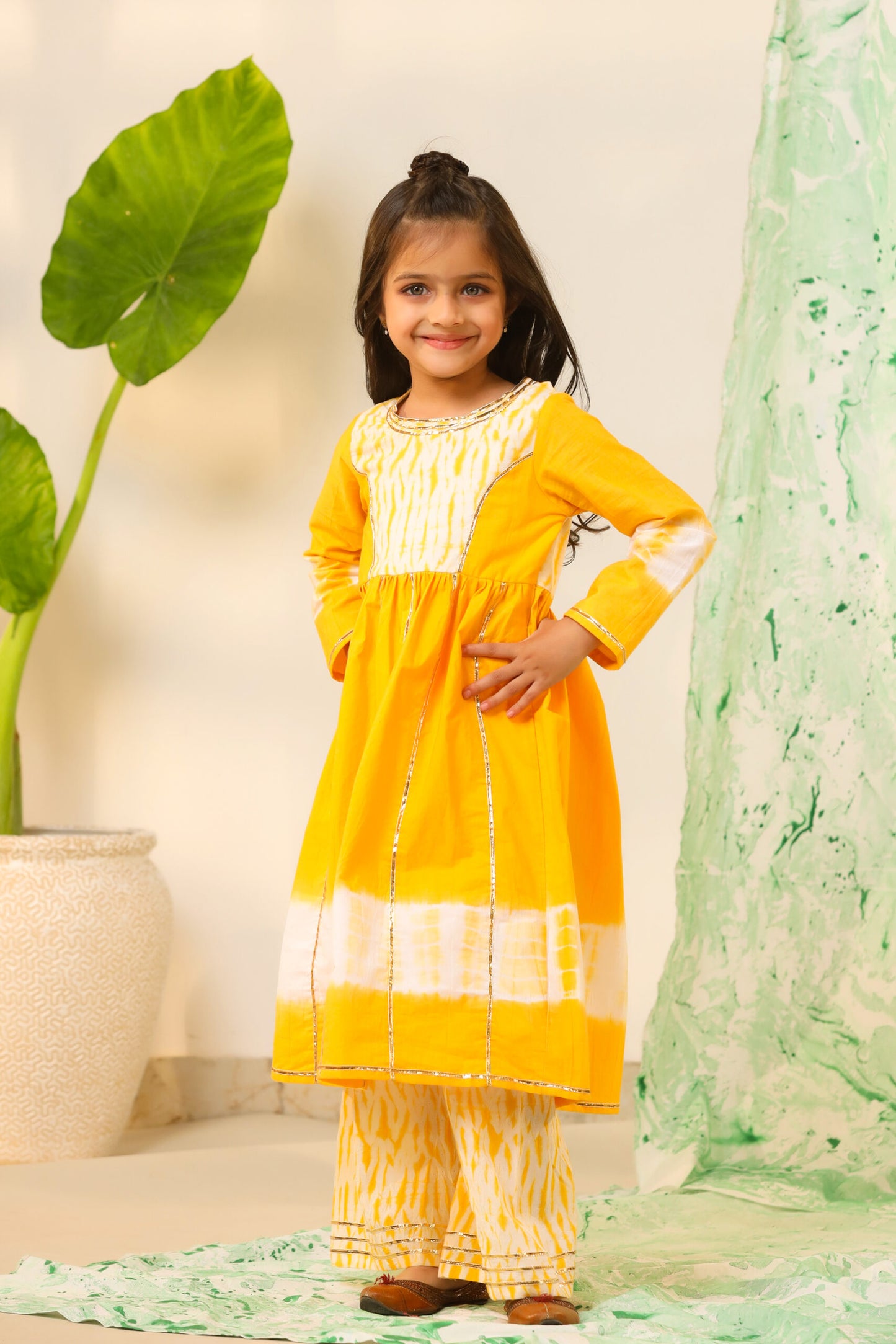 Girls Aline Kurta Sharara Set-Yellow