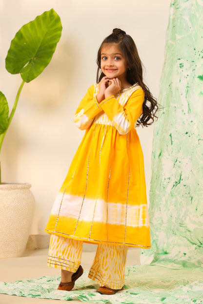 Girls Aline Kurta Sharara Set-Yellow