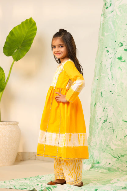 Girls Aline Kurta Sharara Set-Yellow