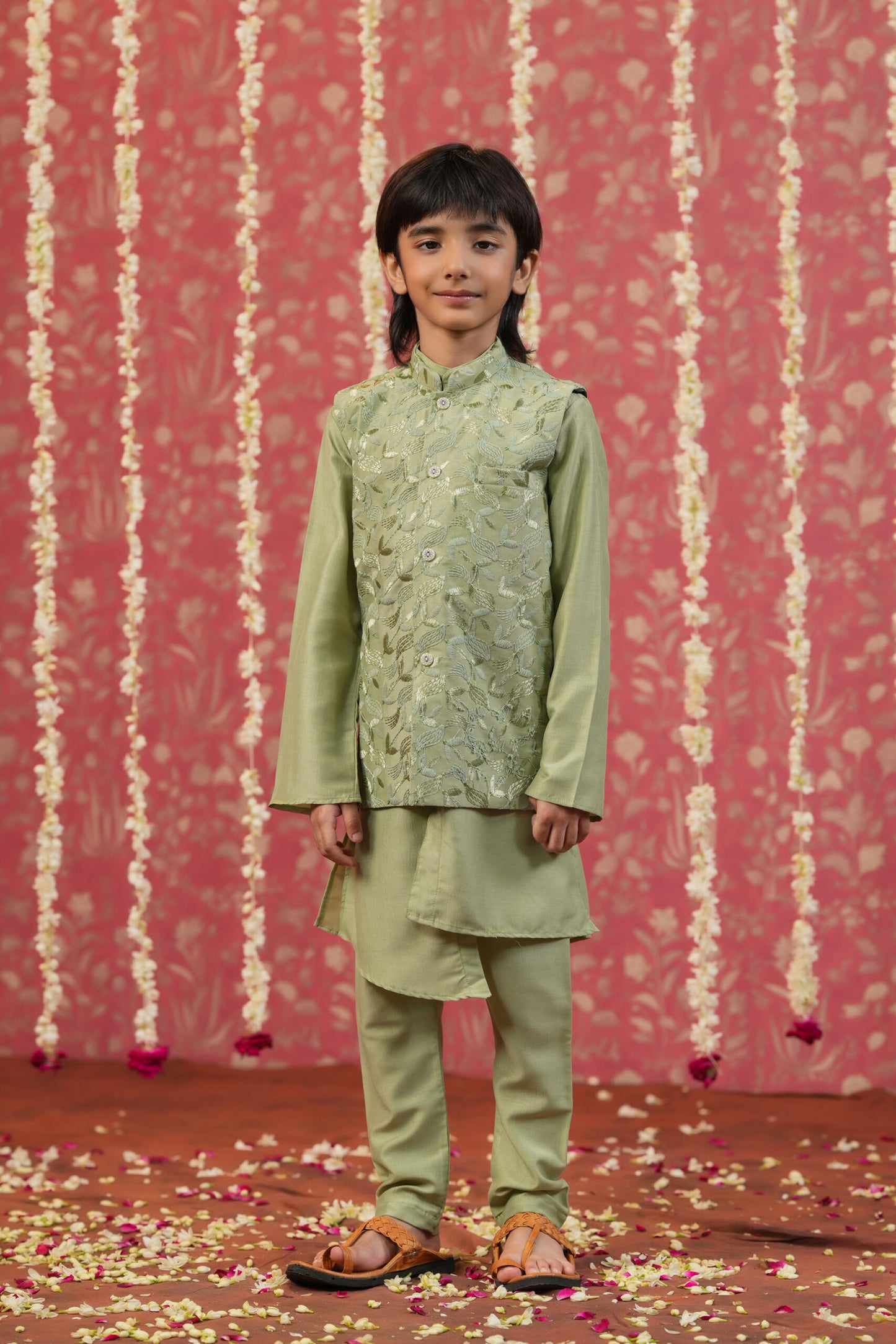 Boy Self Embroidered Bundi Set-Olive Green