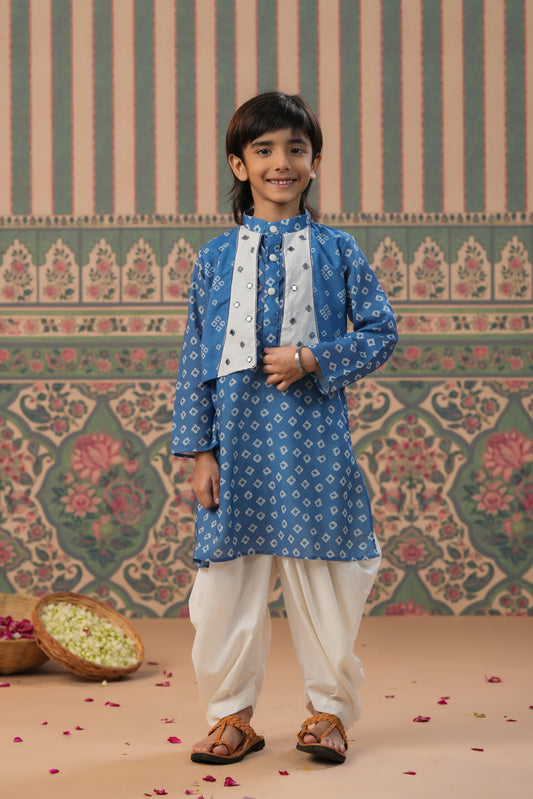 Boy Bandhani Kurta With Balloon Pant Set - Blue