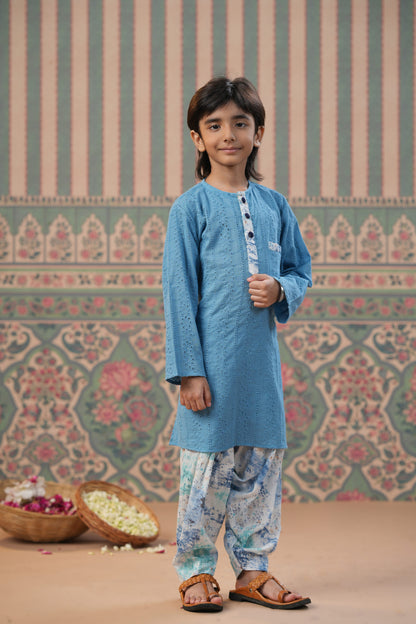 Boy Schiffli Cotton Kurta Salwar-Blue