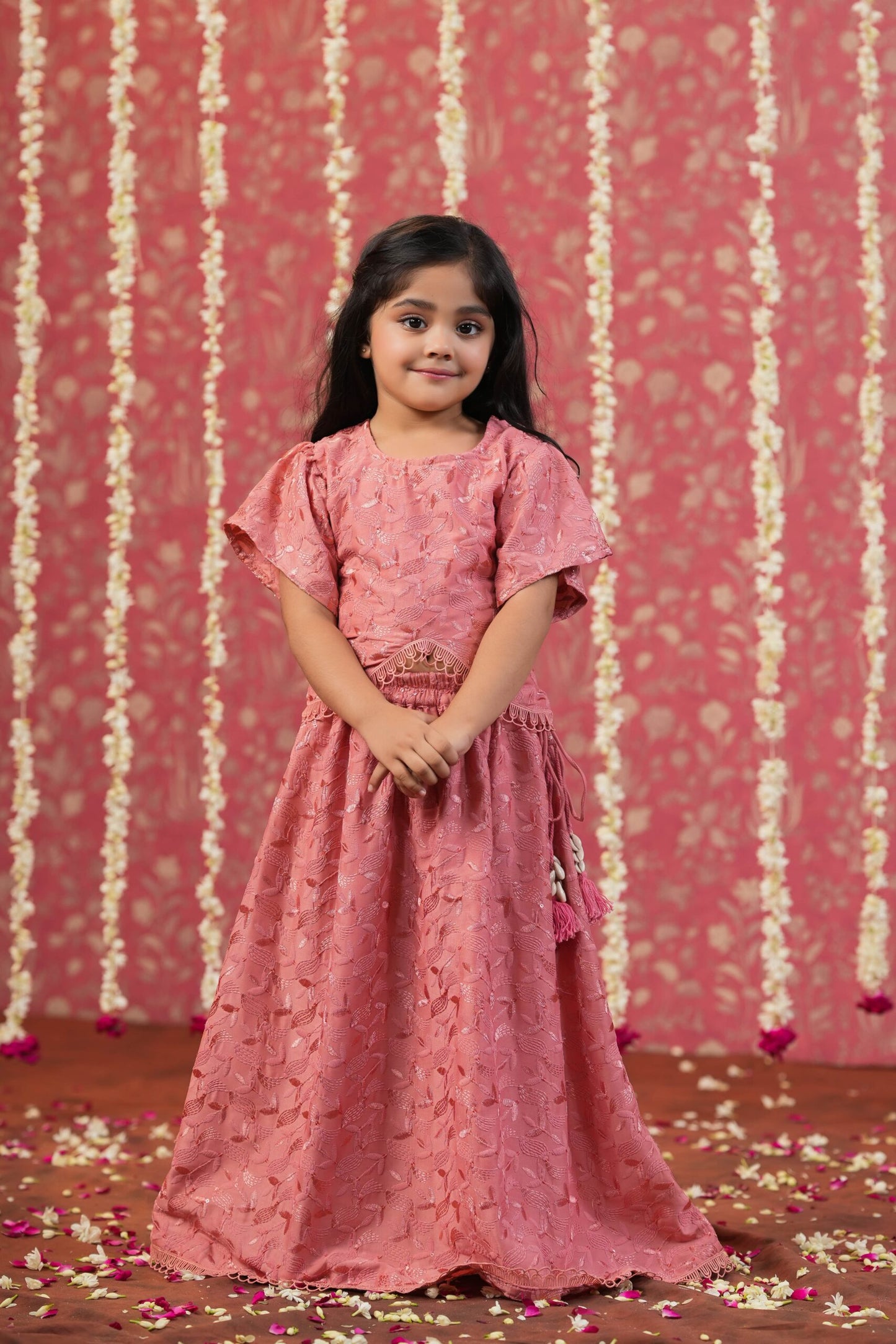 Girl Self Embroidered Skirt Set - Peach