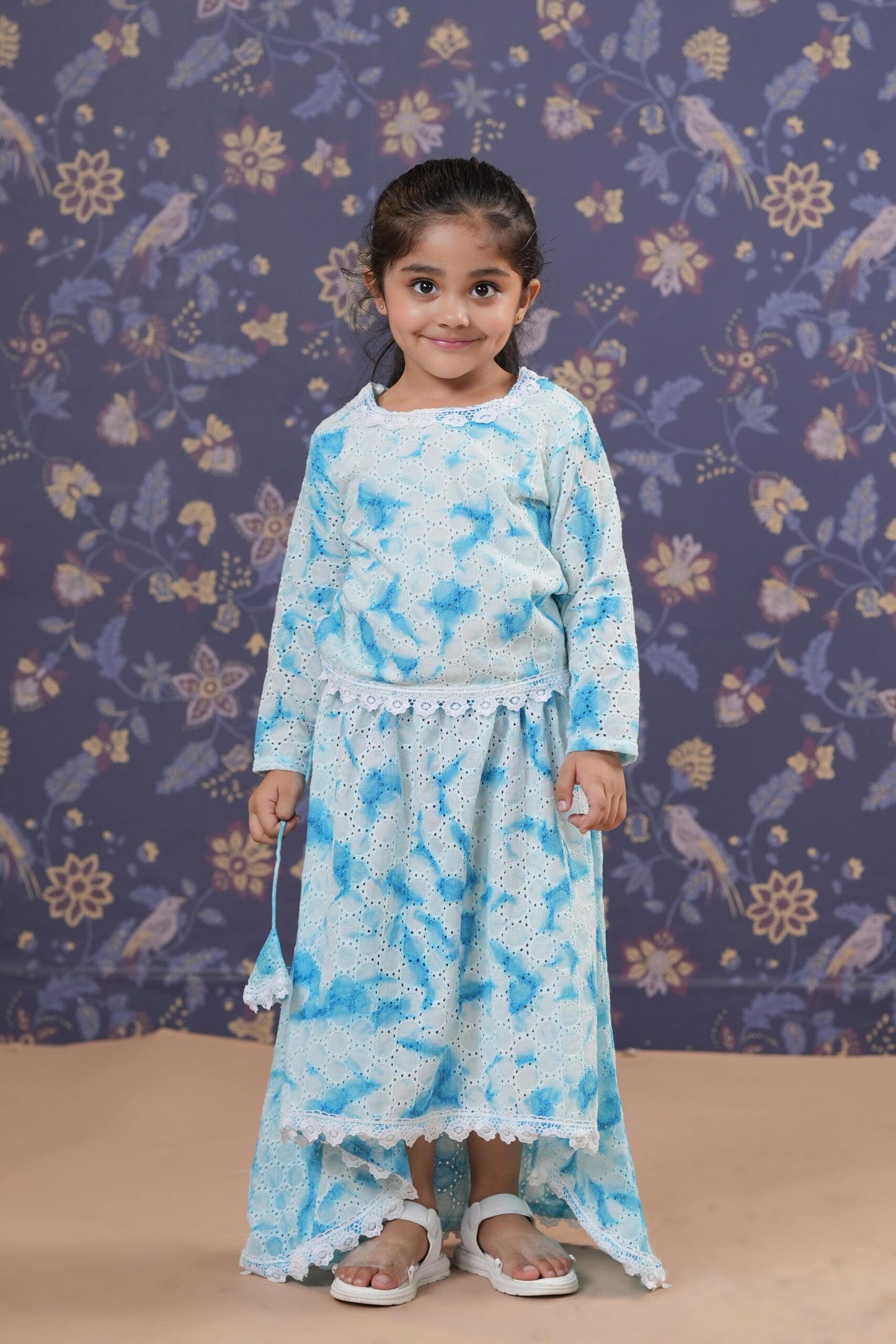 Girl Cotton Schiffli Skirt Set-Blue