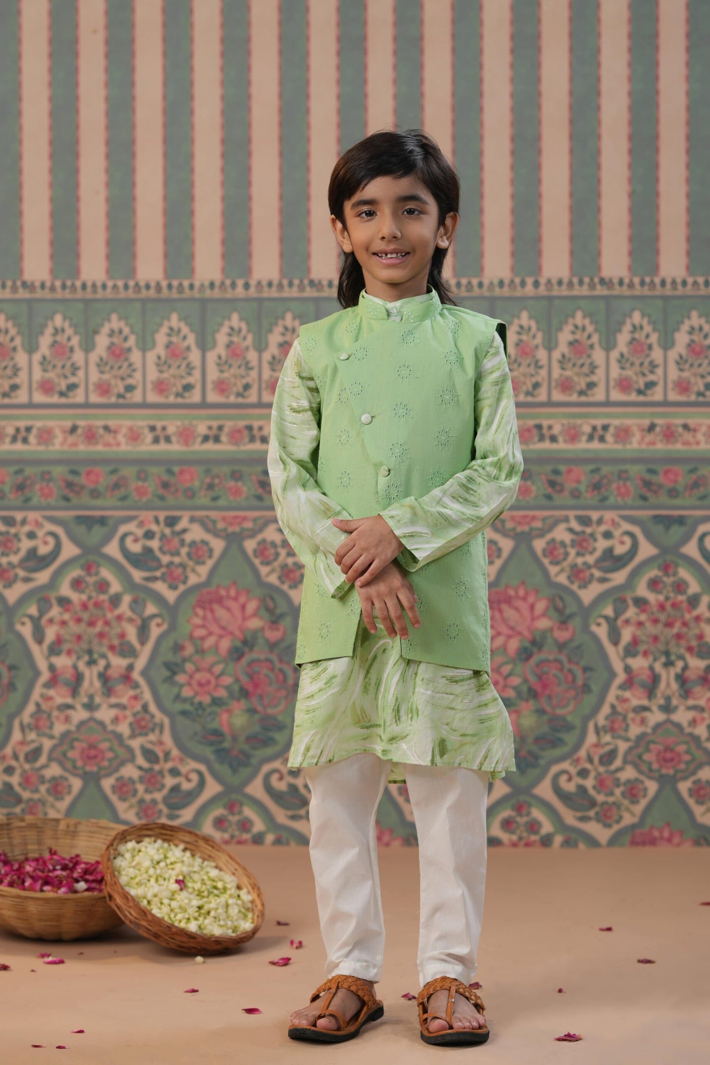 Boy Muslin printed Jacket Set - Green