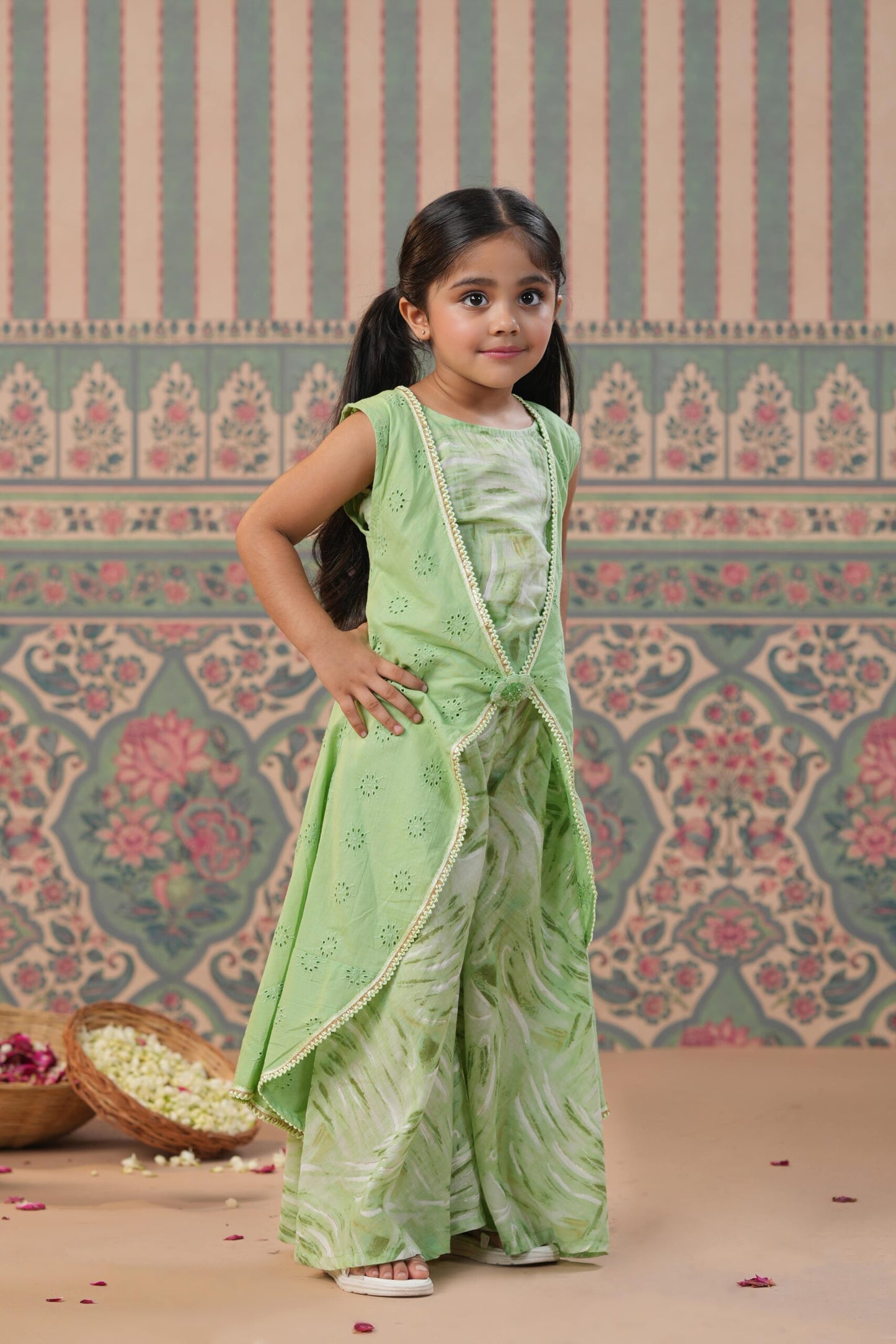 Girl Muslin Print and Schiffli 3Pc Set-Green