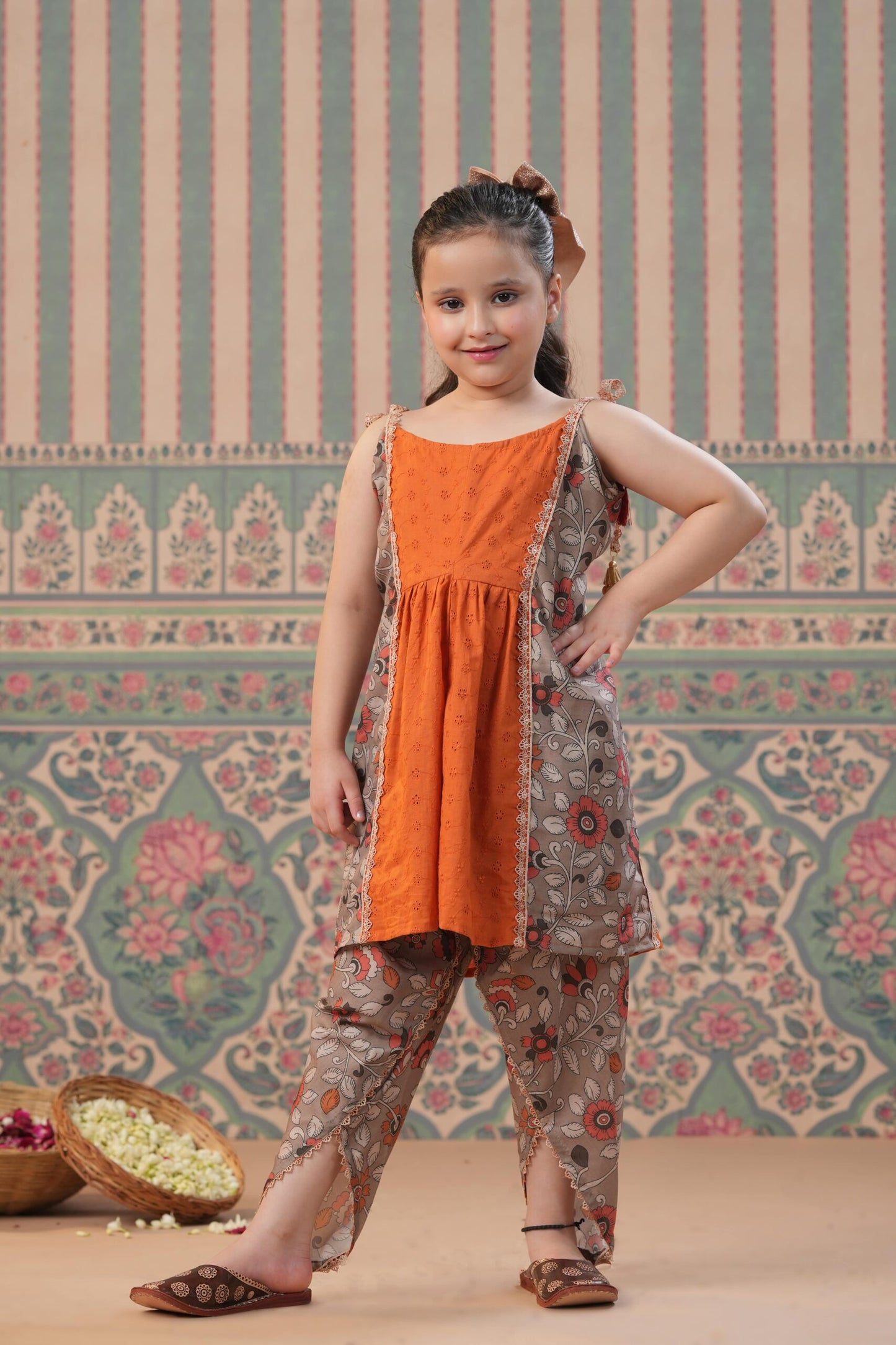 Girl printed Top With Cowl Dhoti Pants Set - Rust