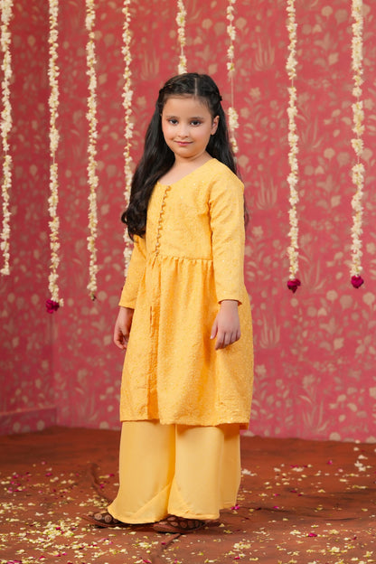 Girl Embroidered Top and  Pallazo Set - Yellow