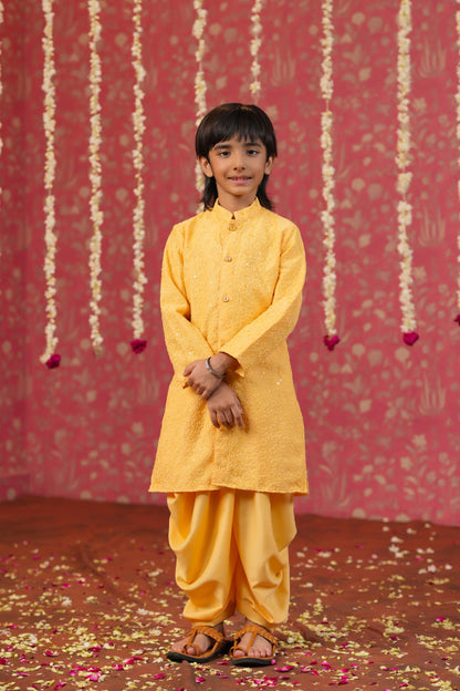 Boy Sherwani Style Kurta Set-Yellow