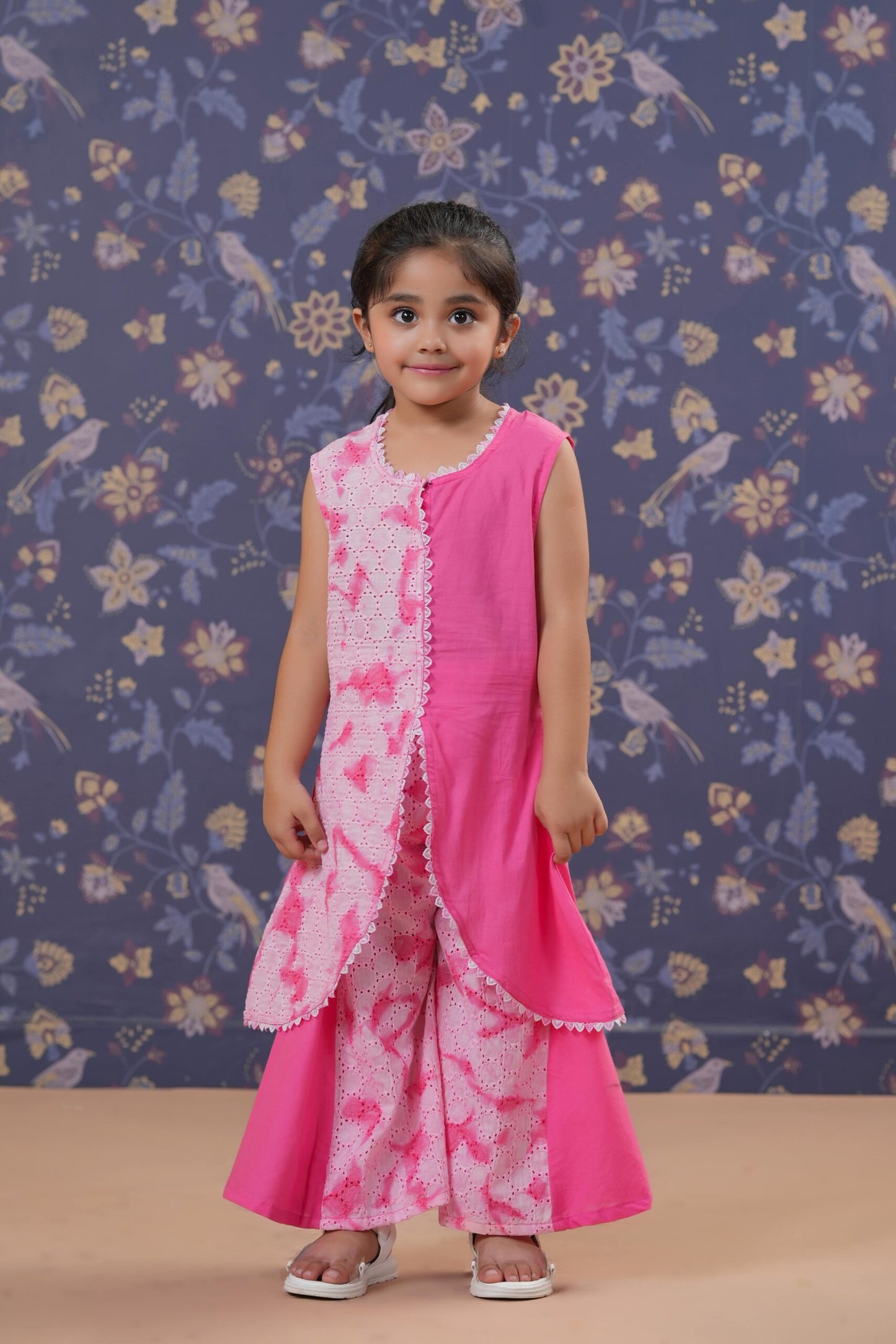 Girls Schiffli Kurta Sharara Set-Pink