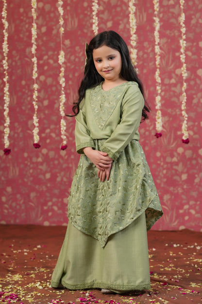 Girl Self Embroidered Skirt Set - Sap Green