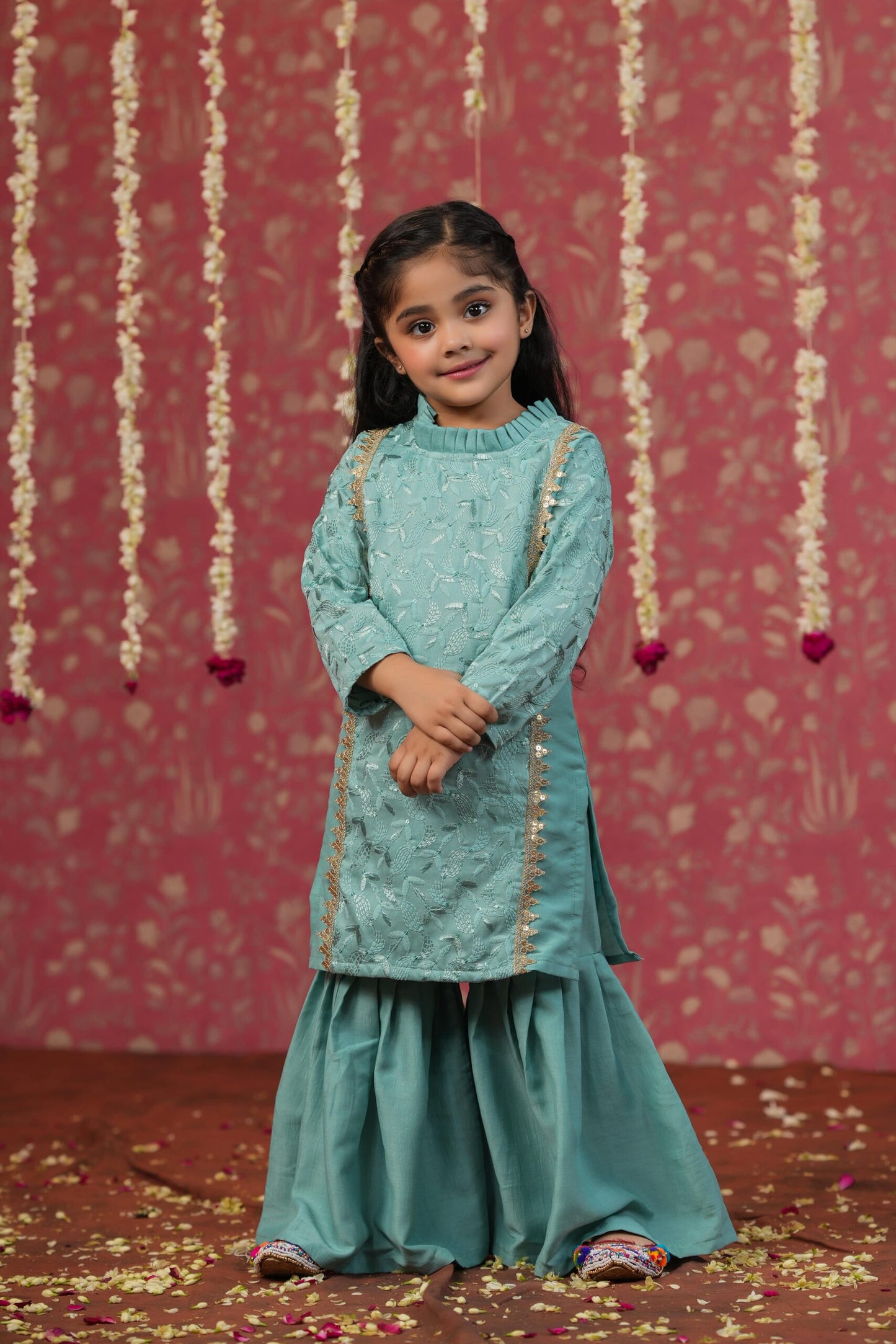 Girl Self Embroidered Sharara Set - Teal Blue