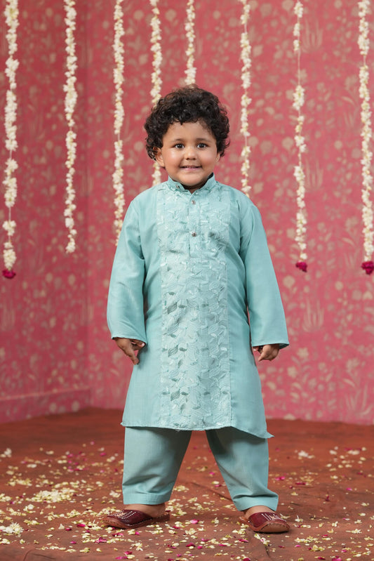 Boy Embroidered Kurta Salwar Set- Teal Blue