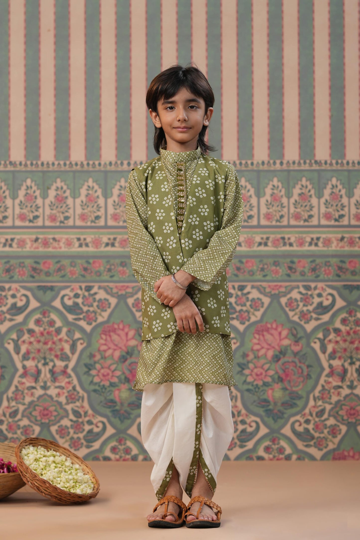 Boy Bandhani Print Dhoti Kurta Set - Green