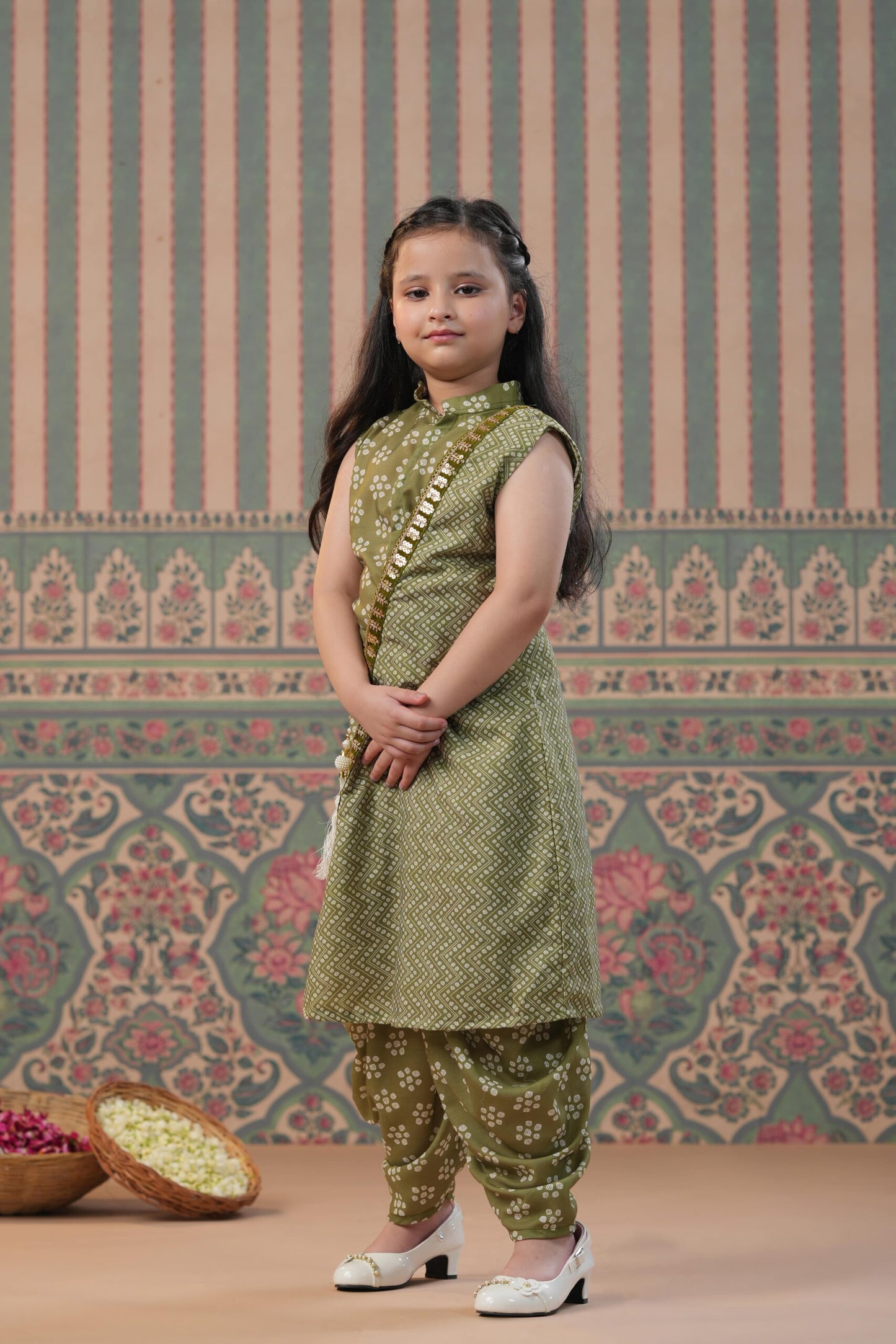 Girl Bandhani Print Three Pc Set - Green