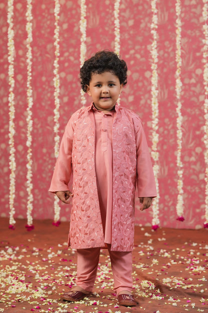 Boy Self Embroidered Bundi Set-Peach